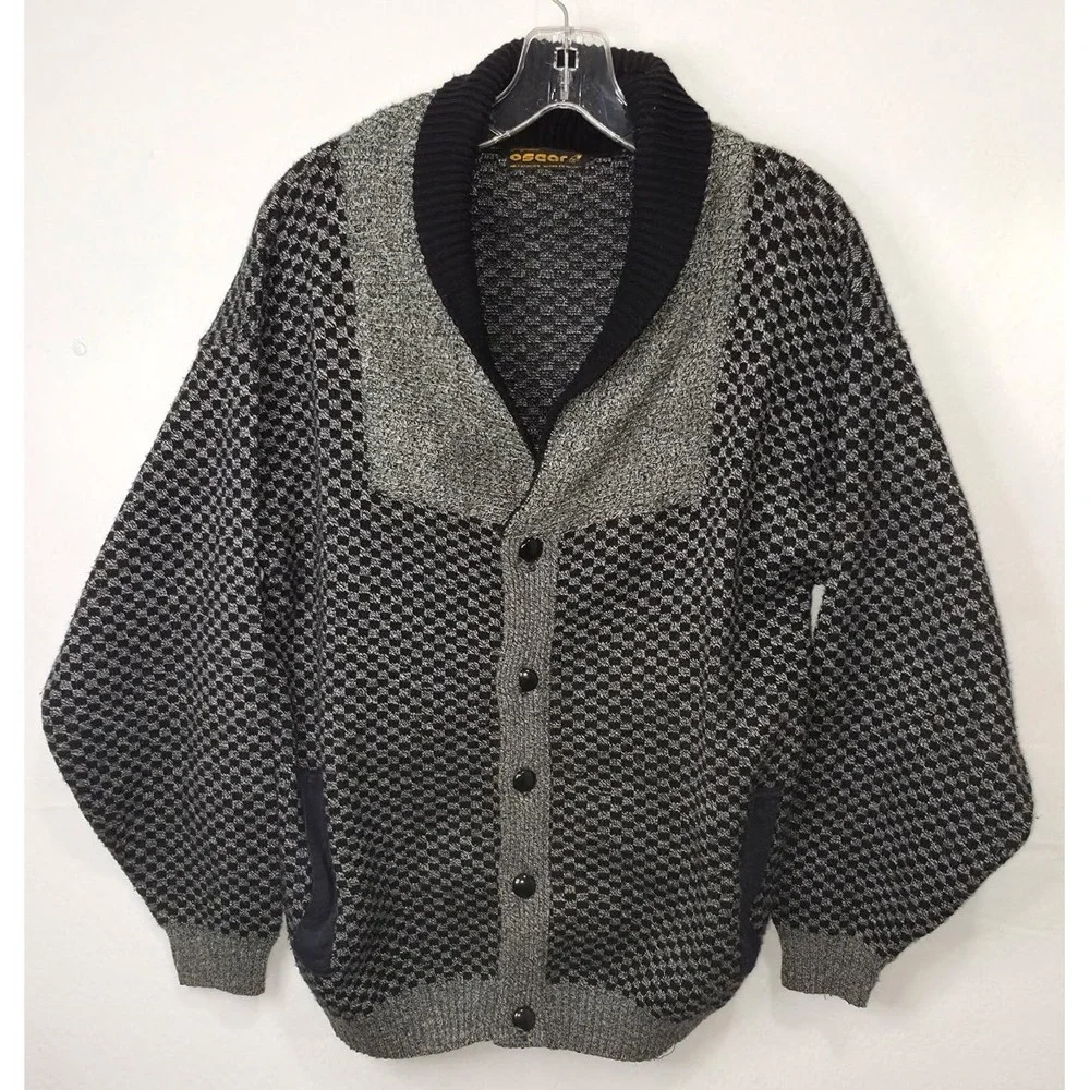 Oscar Originales Vintage Shawl Collar Cardigan Sweater Black Grey Waffle Knit L